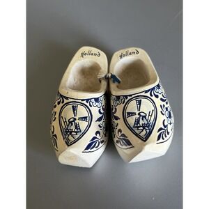Vintage Dutch Carved Wooden Shoes Delft Blue Holland Souvenir 2.5"